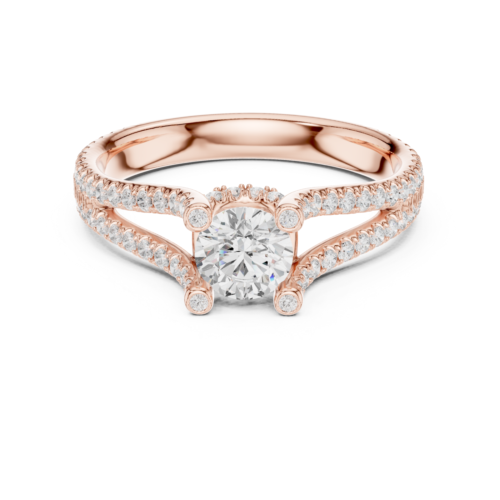  Rose Gold Radiant Serenade Split Shank Ring Front View