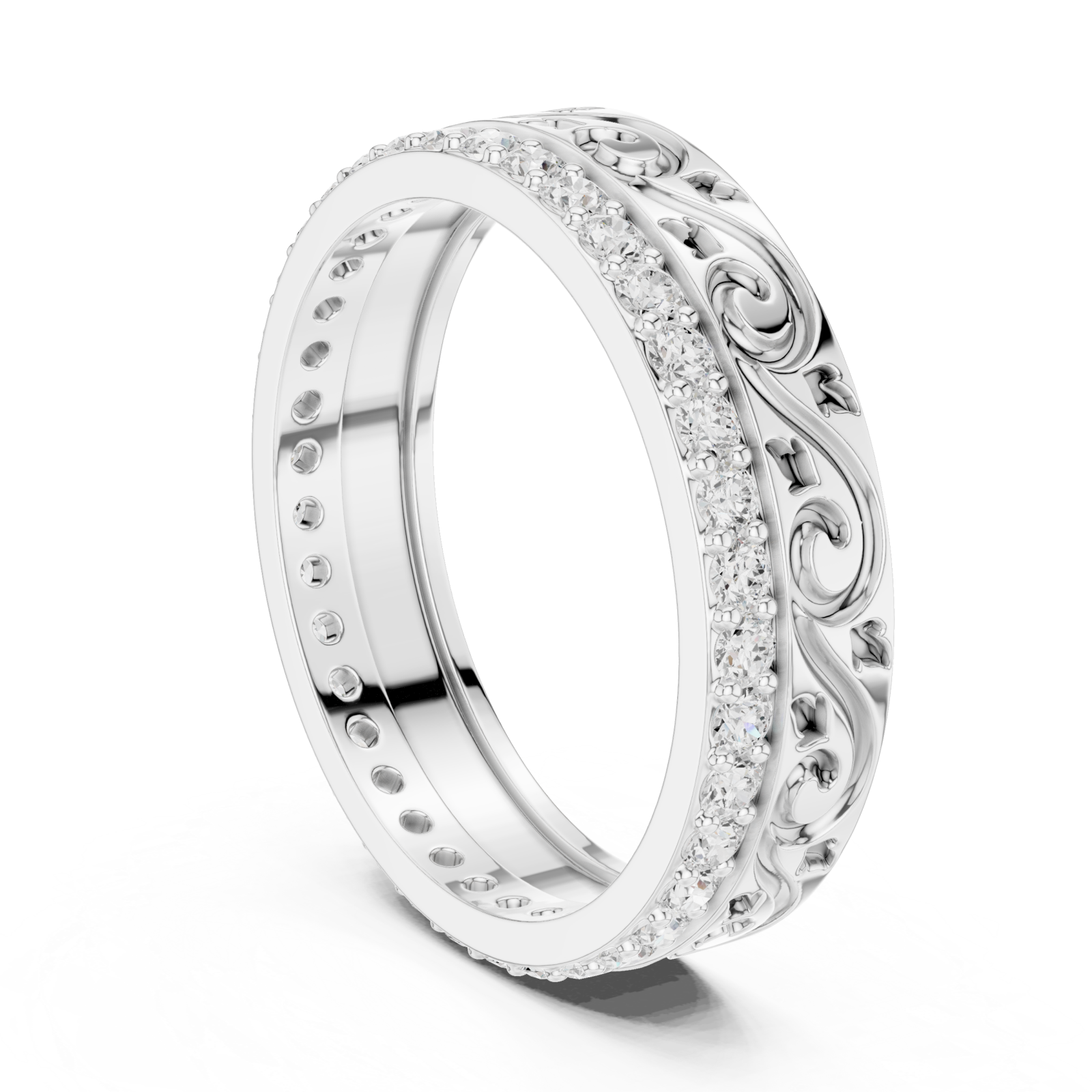  White Gold Majestic Fleur Ribbon Eternity Band Left View