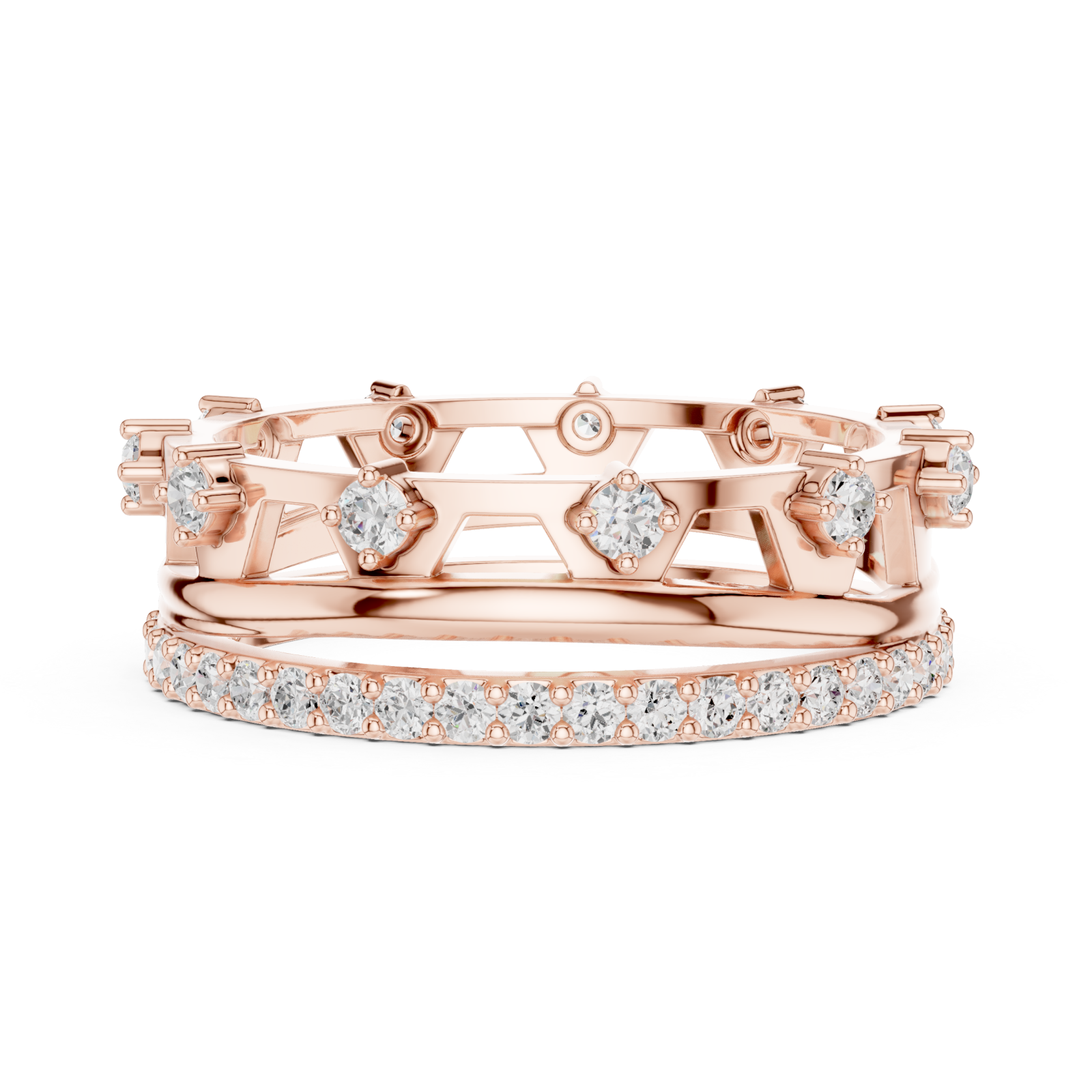  Rose Gold Ornate Radiance Double Row Ring Side View